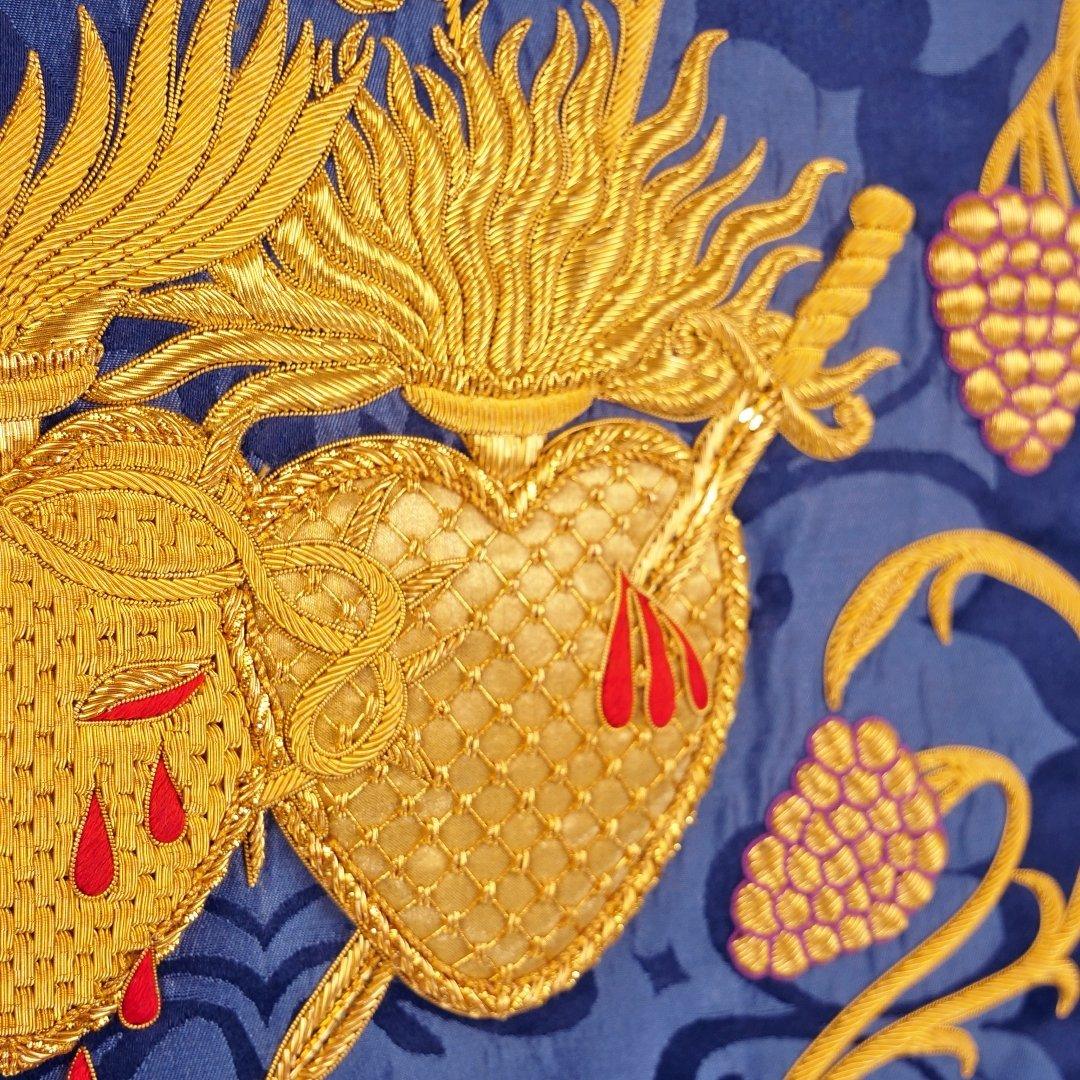 Minster Cope in Cream 'Holbein' with Blue 'Bellini' Orphreys and Sacred/Immaculate Heart Embroidered Hood - Watts & Co.