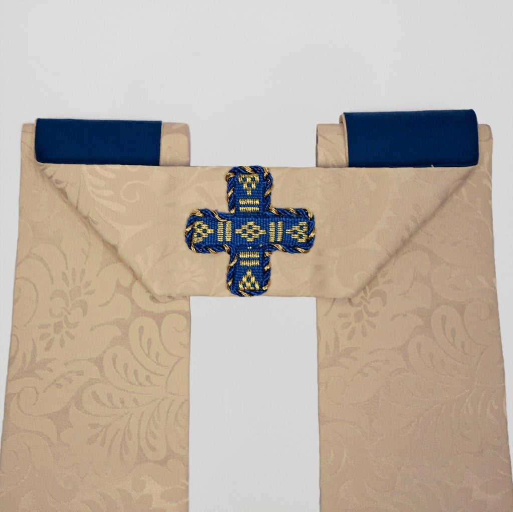 Minster Cope in Cream 'Holbein' with Blue 'Bellini' Orphreys and Sacred/Immaculate Heart Embroidered Hood - Watts & Co.