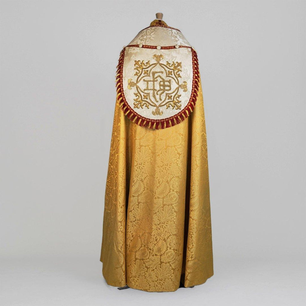 Minster Cope in Gold 'Holbein' with Cream 'Gothic' Orphreys and an IHS Hand-Embroidered Hood - Watts & Co.