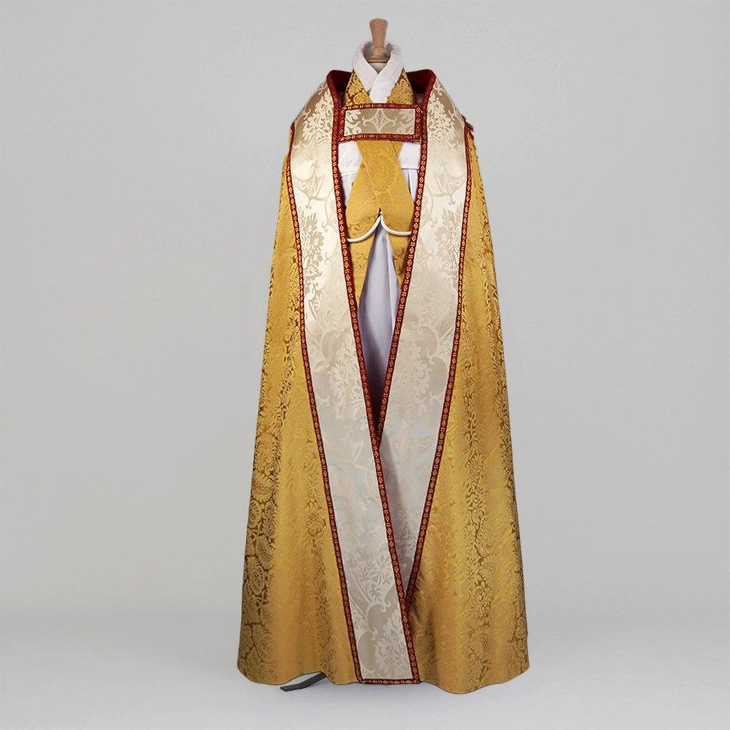 Minster Cope in Gold 'Holbein' with Cream 'Gothic' Orphreys and an IHS Hand-Embroidered Hood - Watts & Co.
