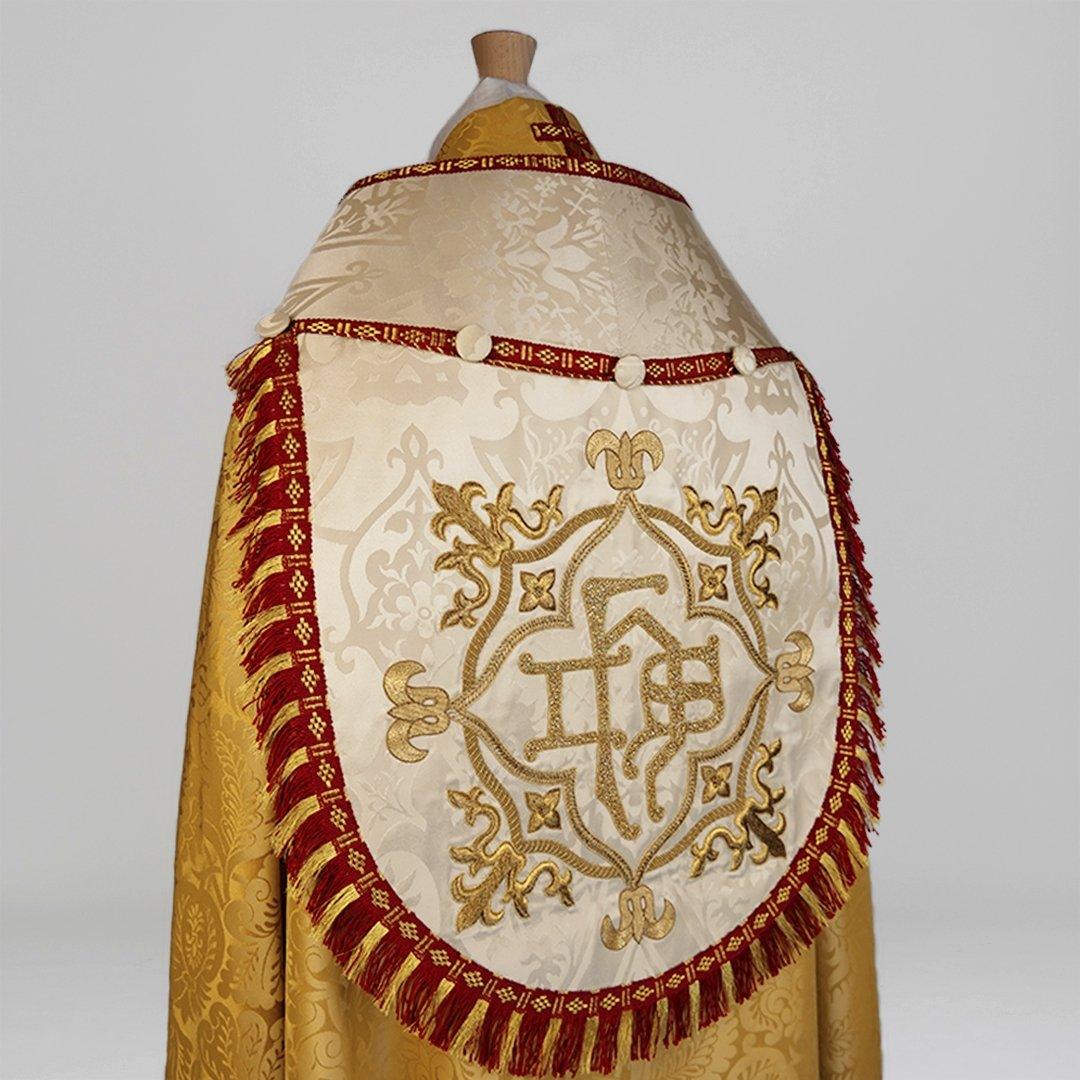 Minster Cope in Gold 'Holbein' with Cream 'Gothic' Orphreys and an IHS Hand-Embroidered Hood - Watts & Co.
