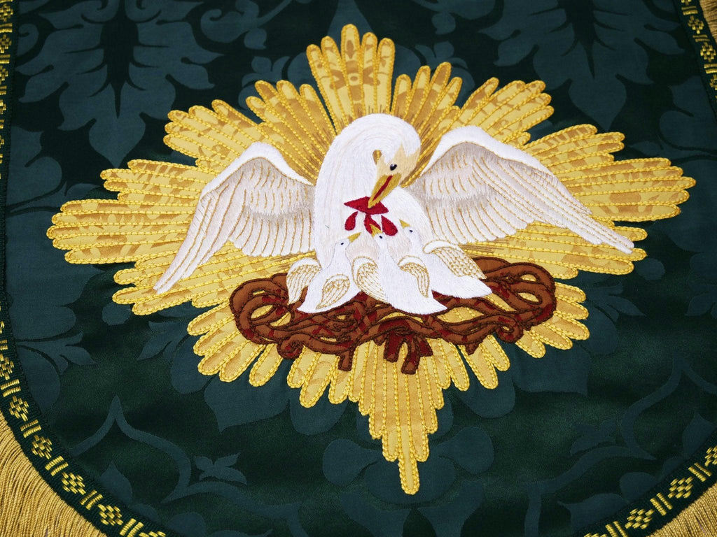 Minster Cope in Oyster 'Shrewsbury' with Green 'Bellini' Orphreys, Hood, and Morse and Pelican Embroidery - Watts & Co.