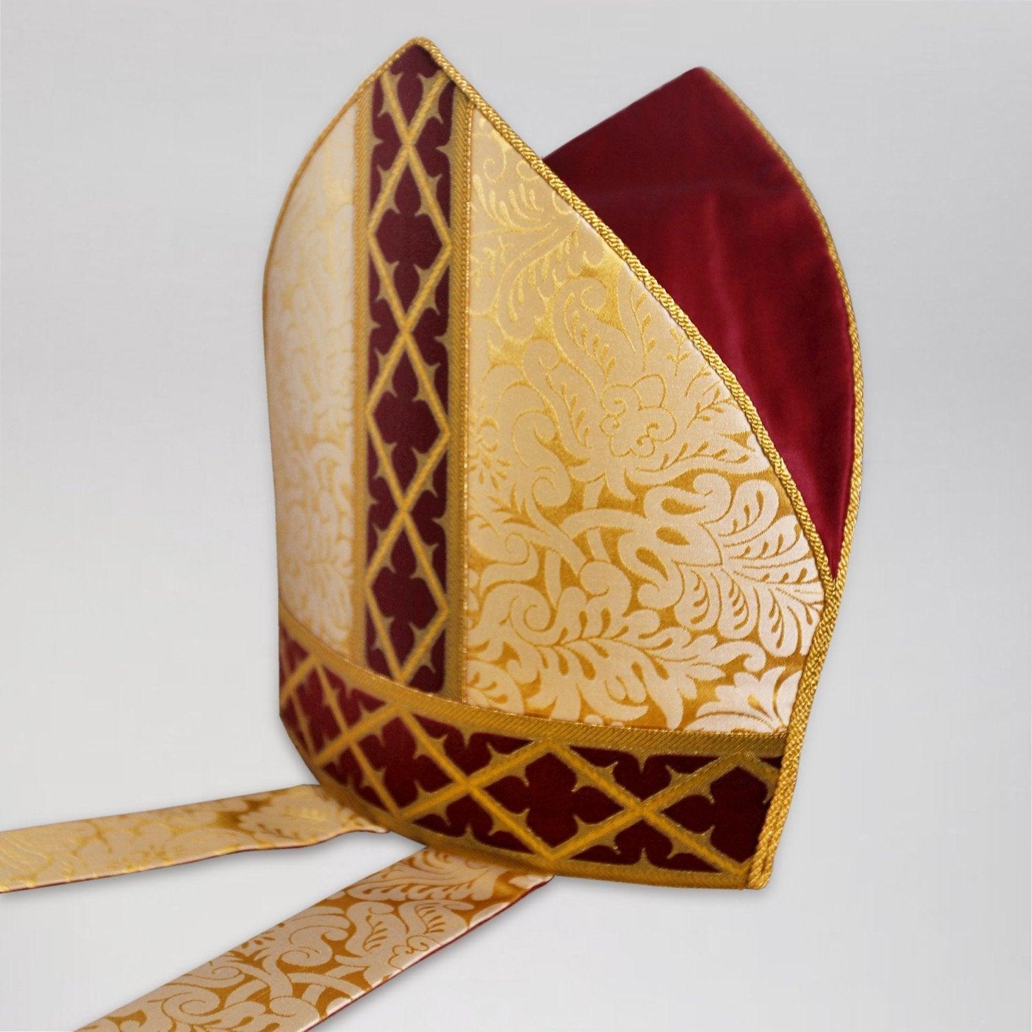 Prinknash Mitre in Cream/Gold Holbein, with Red/Gold Trellis Orphreys - Watts & Co. (international)
