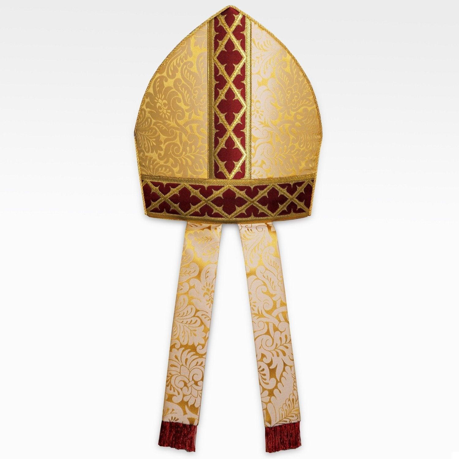 Prinknash Mitre in Cream/Gold Holbein, with Red/Gold Trellis Orphreys - Watts & Co. (international)