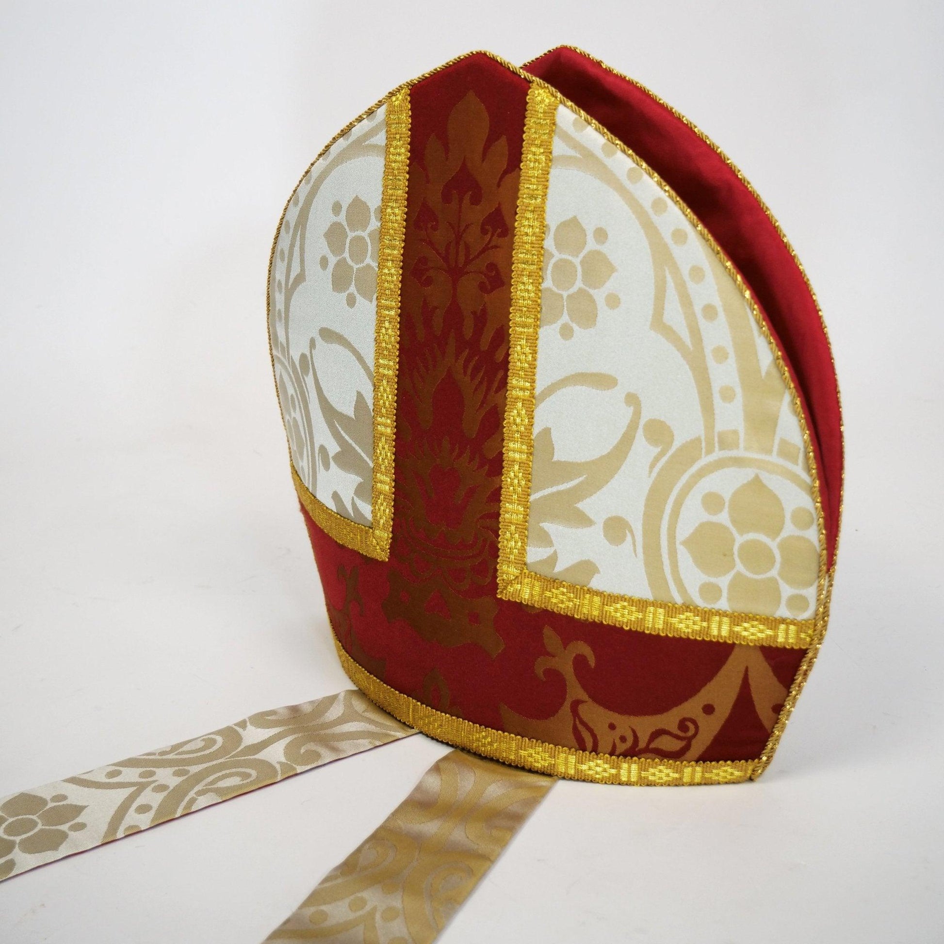 Prinknash Mitre in Oyster 'Shrewsbury' with Sarum Red/Gold 'Gothic' Orphreys - Watts & Co.