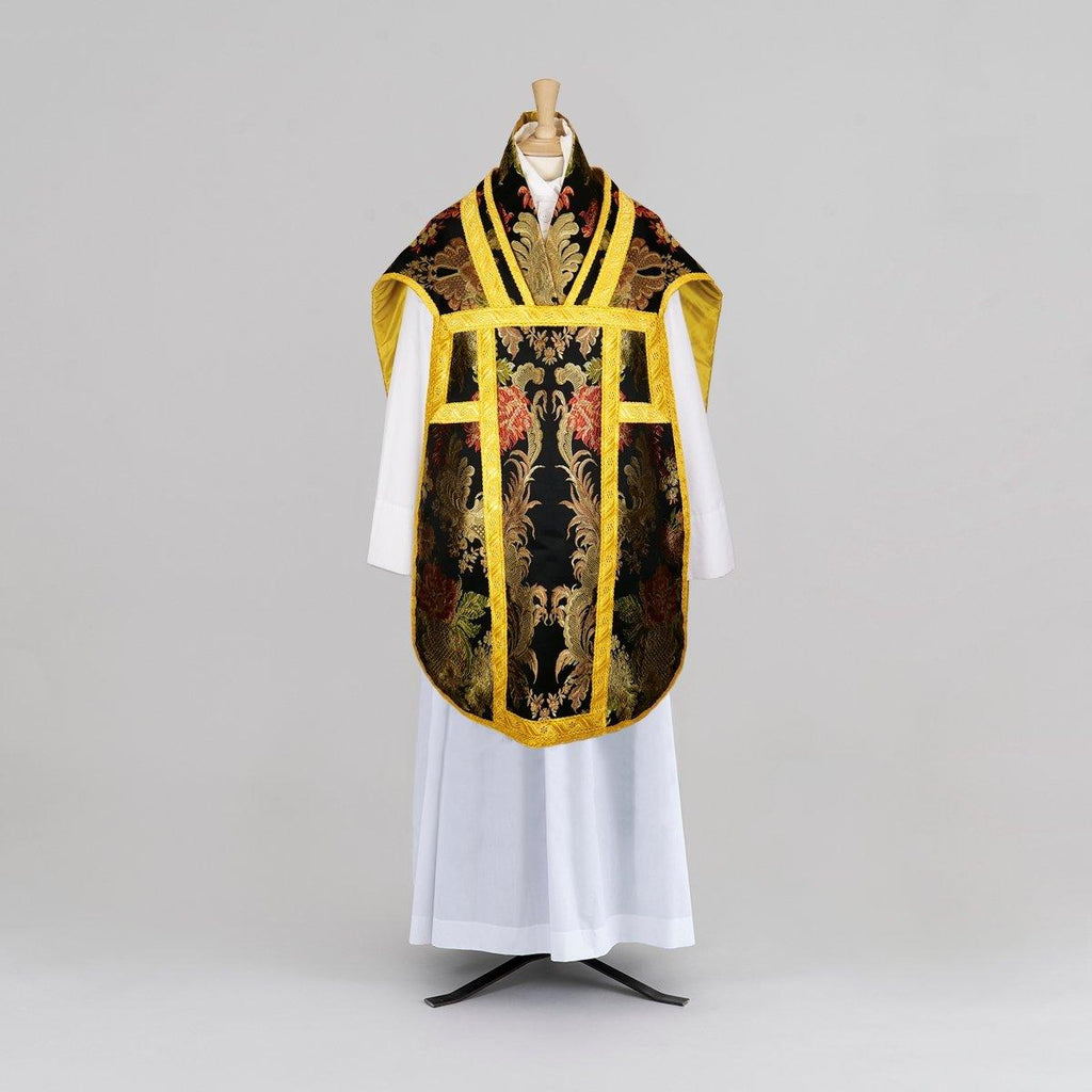 Roman Chasuble in Black 'Rivelles' with Outline Orphreys - Watts & Co.