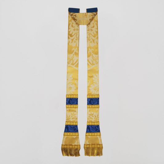 Sarum Stole in Gold/Cream 'Gothic' Silk with extra orphreys of Blue 'Hilliard' - Watts & Co.