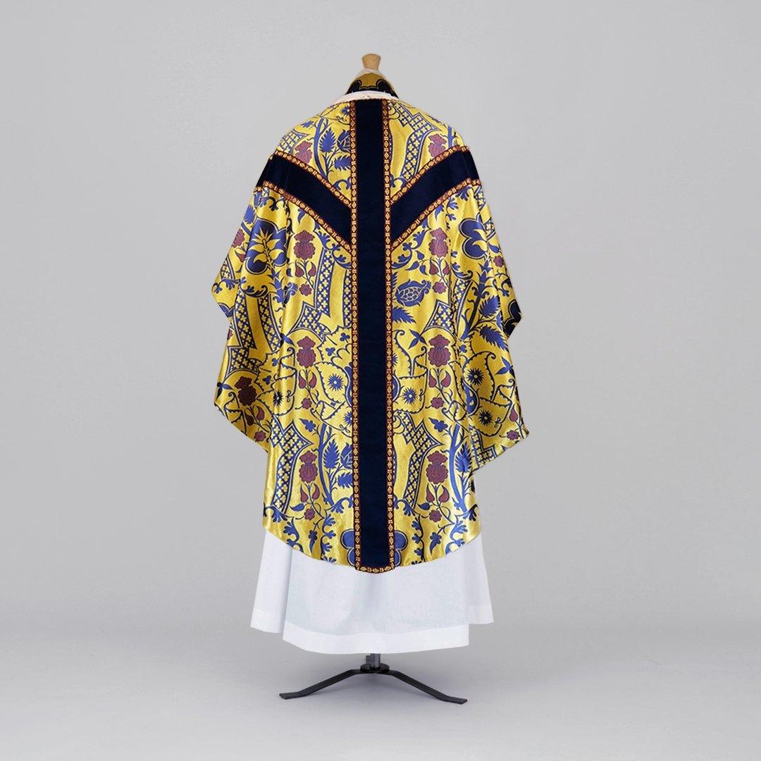 Semi-Gothic Chasuble in Blue/Gold/Purple 'Comper Strawberry' with Sapphire Velvet Orphreys - Watts & Co.