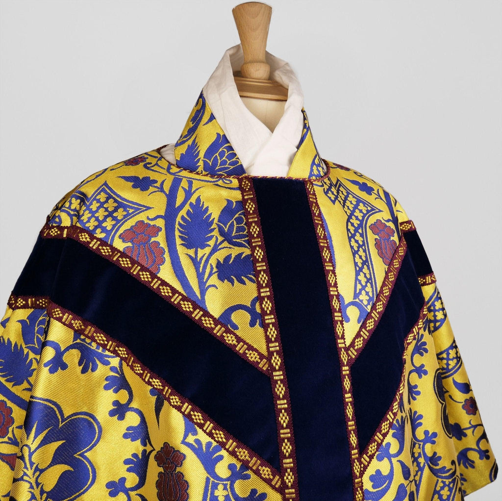 Semi-Gothic Chasuble in Blue/Gold/Purple 'Comper Strawberry' with Sapphire Velvet Orphreys - Watts & Co.
