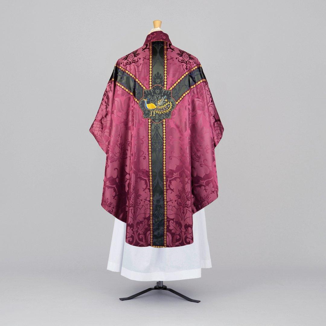 Semi-Gothic Chasuble in Comper Purple 'Bellini' with Sarum Indigo 'Gothic' Orphreys and Peacock Embroidery - Watts & Co.
