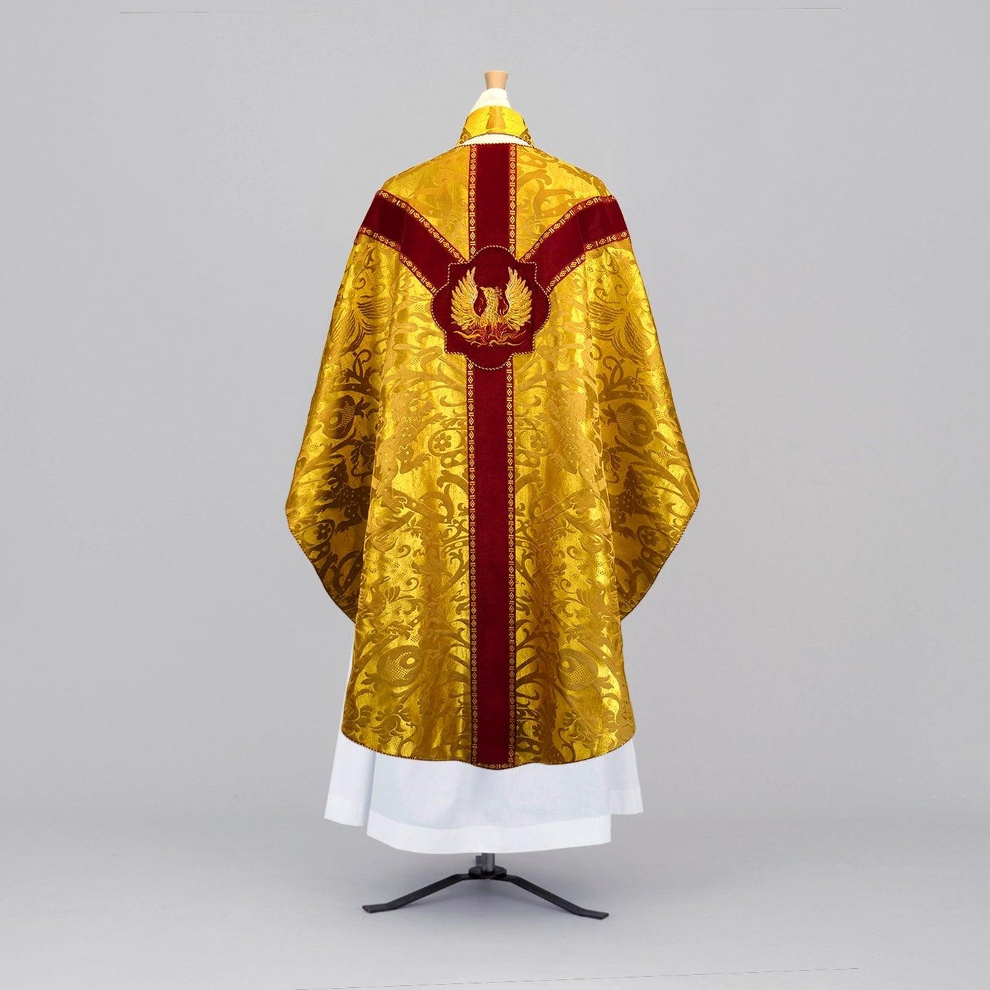 Semi-Gothic Chasuble in Gold 'Cannaregio' with Berry Velvet Orphreys and Phoenix Embroidery - Watts & Co.
