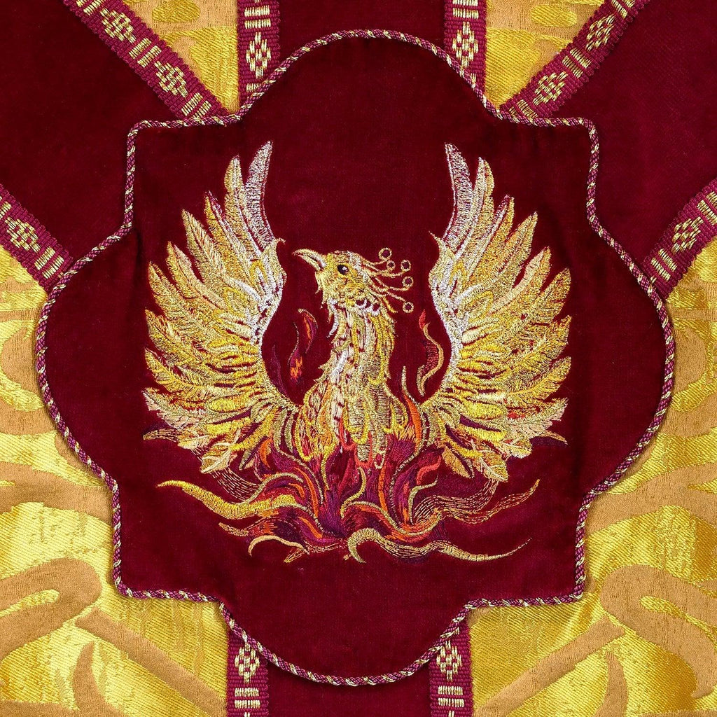 Semi-Gothic Chasuble in Gold 'Cannaregio' with Berry Velvet Orphreys and Phoenix Embroidery - Watts & Co.