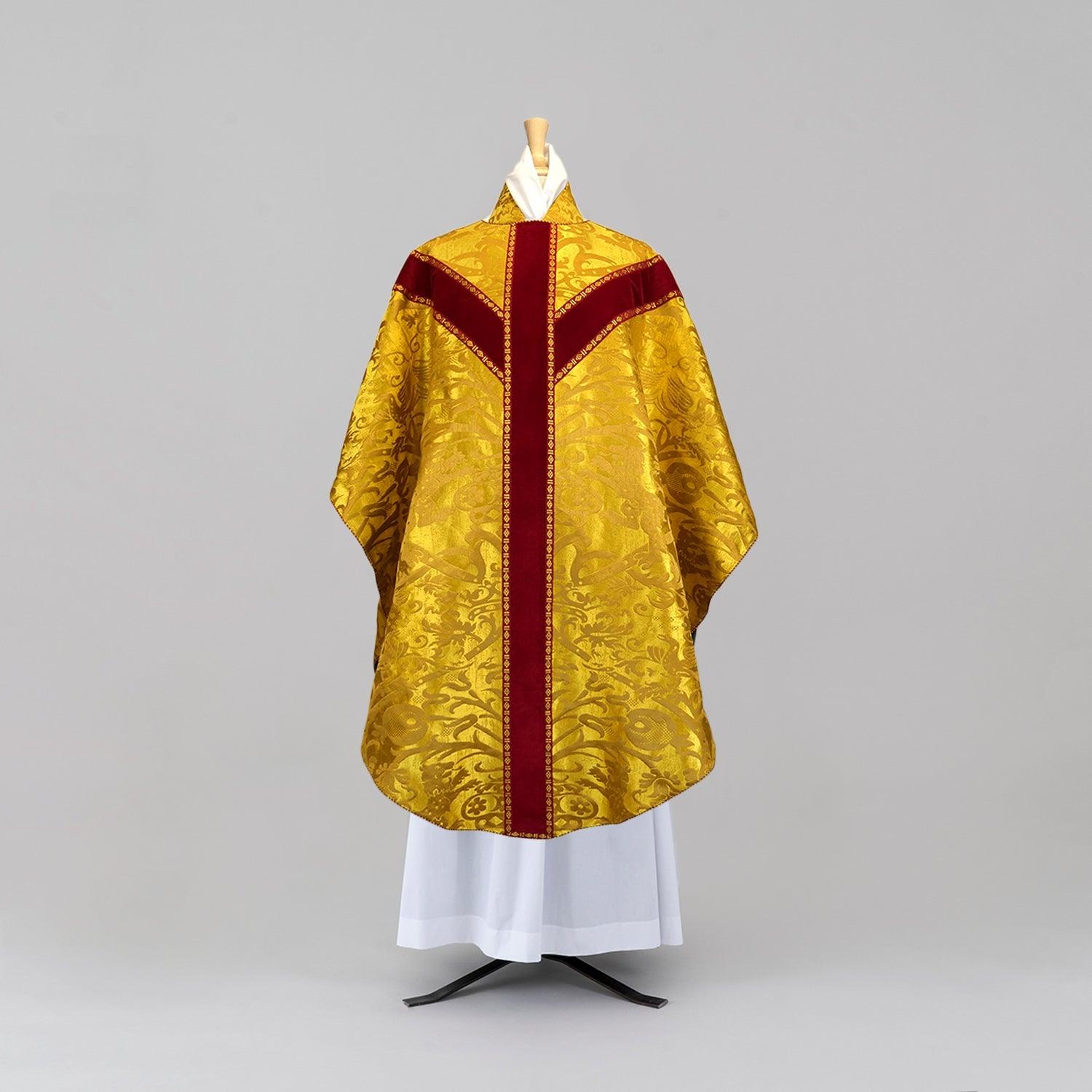 Semi-Gothic Chasuble in Gold 'Cannaregio' with Berry Velvet Orphreys and Phoenix Embroidery - Watts & Co.