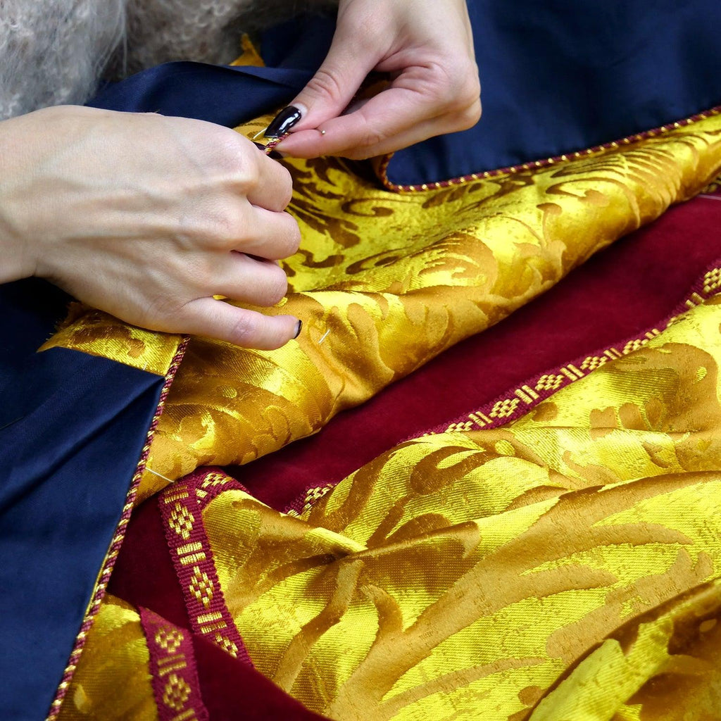 Semi-Gothic Chasuble in Gold 'Cannaregio' with Berry Velvet Orphreys and Phoenix Embroidery - Watts & Co.