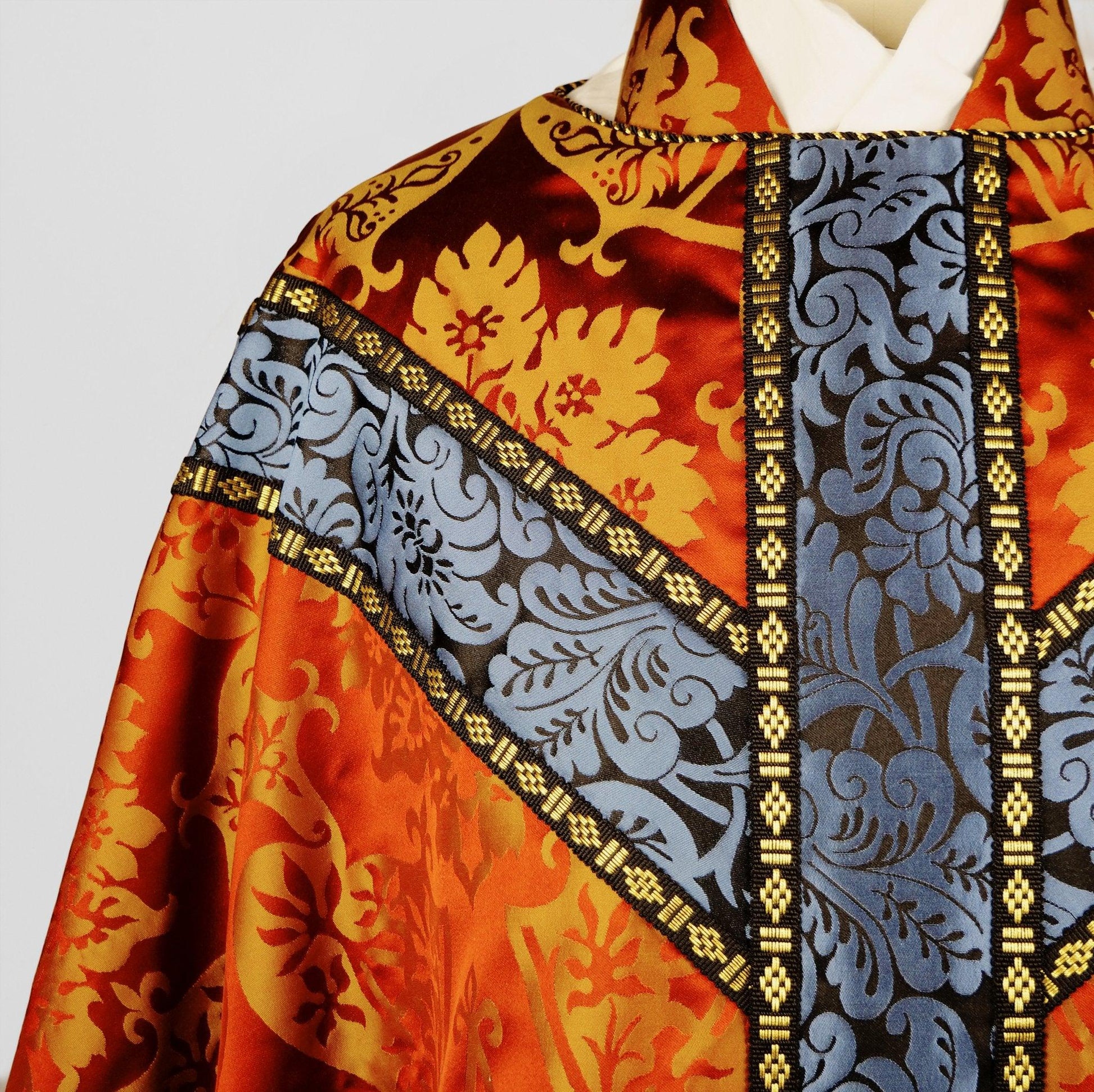 Semi-Gothic Chasuble in Red/Gold 'Gothic' with Black/Blue 'Holbein' Orphreys - Watts & Co.