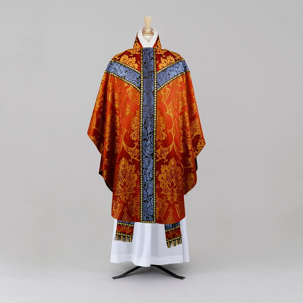 Semi-Gothic Chasuble in Red/Gold 'Gothic' with Black/Blue 'Holbein' Orphreys - Watts & Co.