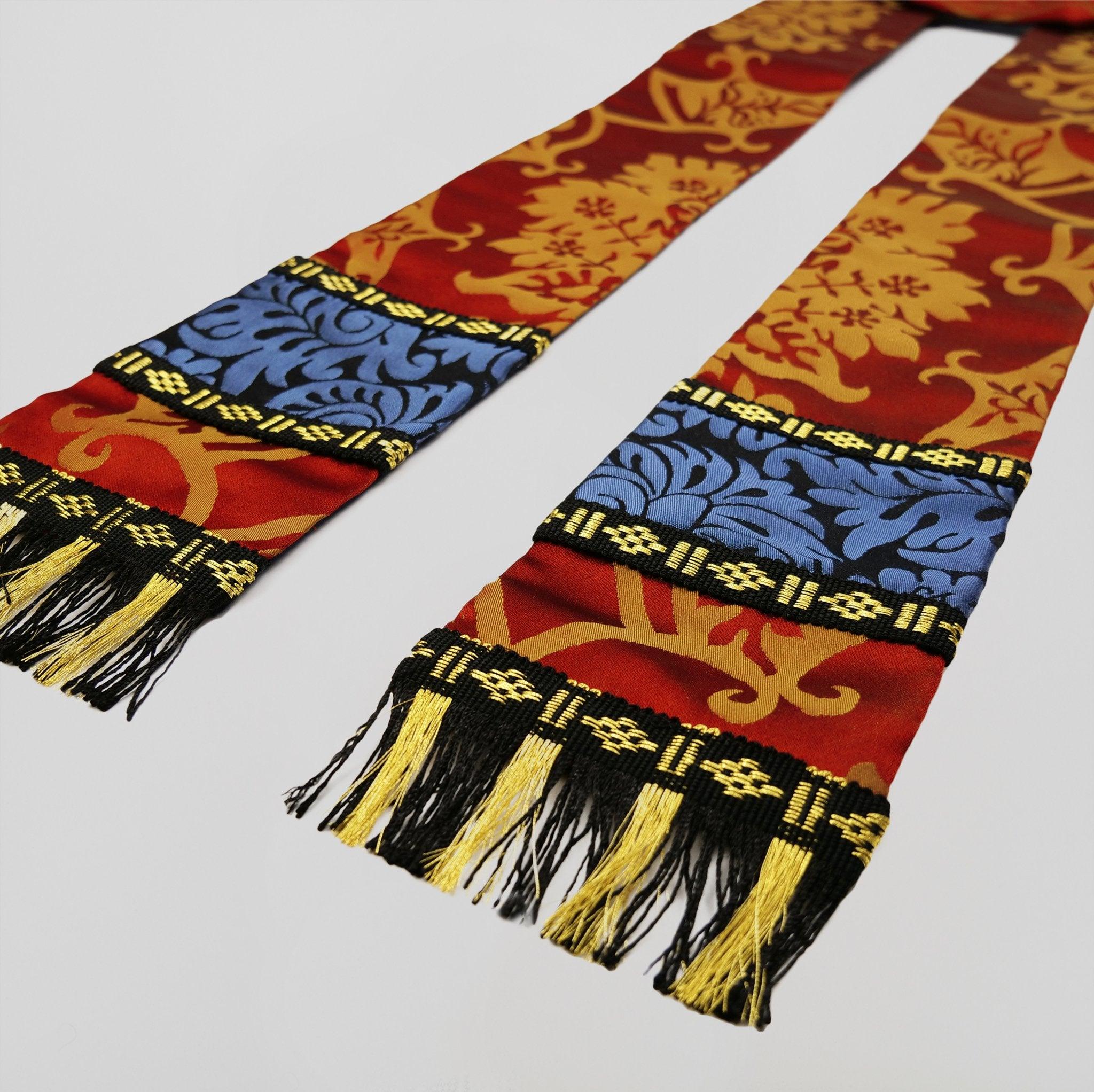 Semi-Gothic Chasuble in Red/Gold 'Gothic' with Black/Blue 'Holbein' Orphreys - Watts & Co.