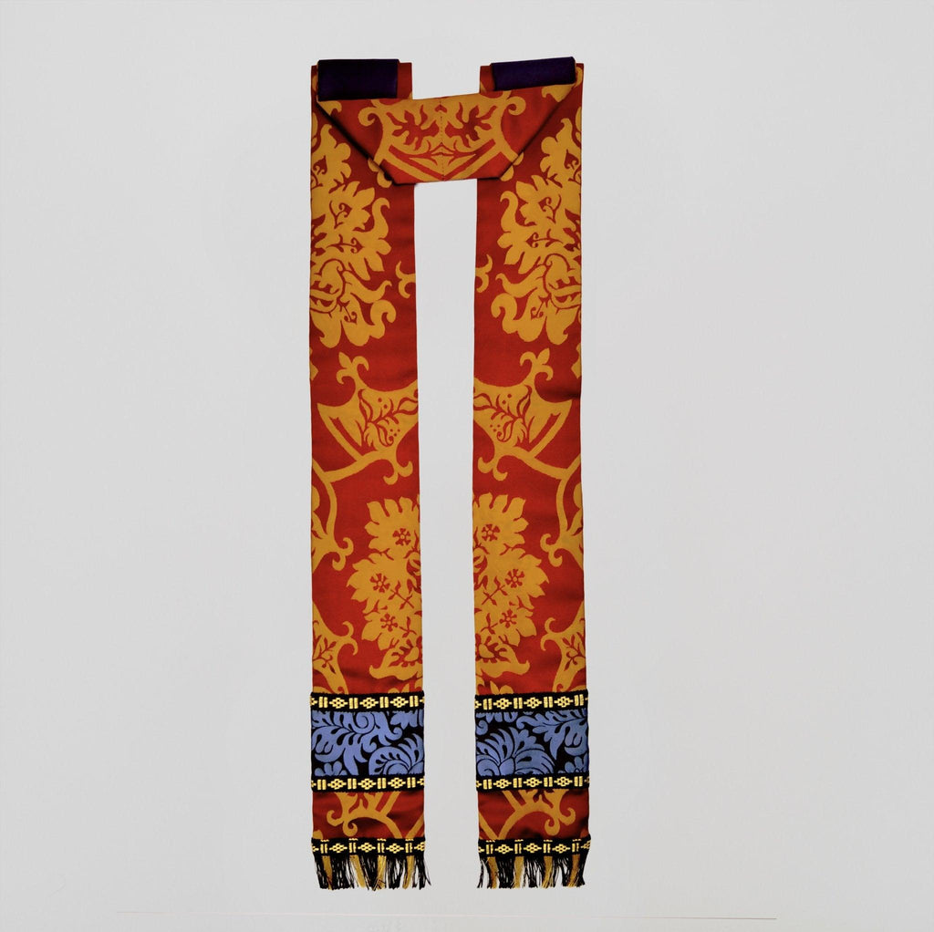 Semi-Gothic Chasuble in Red/Gold 'Gothic' with Black/Blue 'Holbein' Orphreys - Watts & Co.