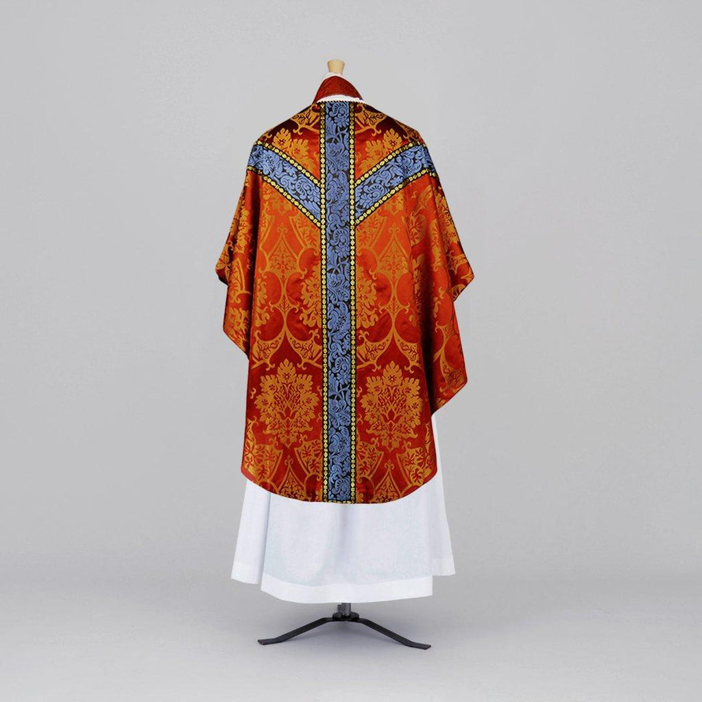 Semi-Gothic Chasuble in Red/Gold 'Gothic' with Black/Blue 'Holbein' Orphreys - Watts & Co.