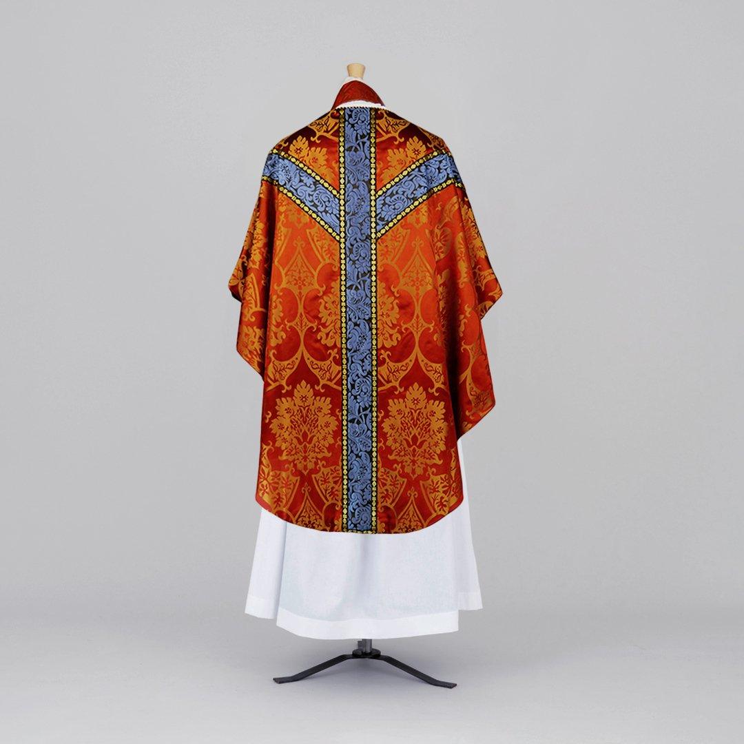 Semi-Gothic Chasuble in Red/Gold 'Gothic' with Black/Blue 'Holbein' Orphreys - Watts & Co.