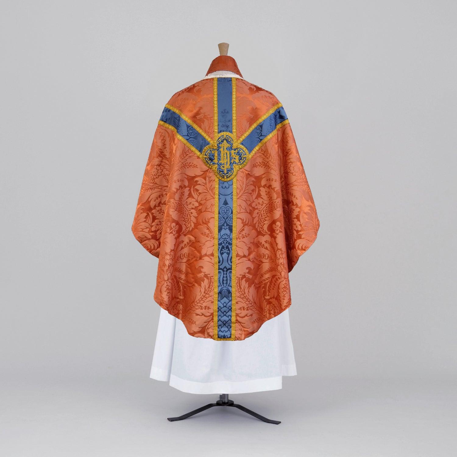 Semi-Gothic Chasuble in Rose 'Sudbury' with Blue 'Comper Cathedral' Orphreys and Embroideries - Watts & Co.