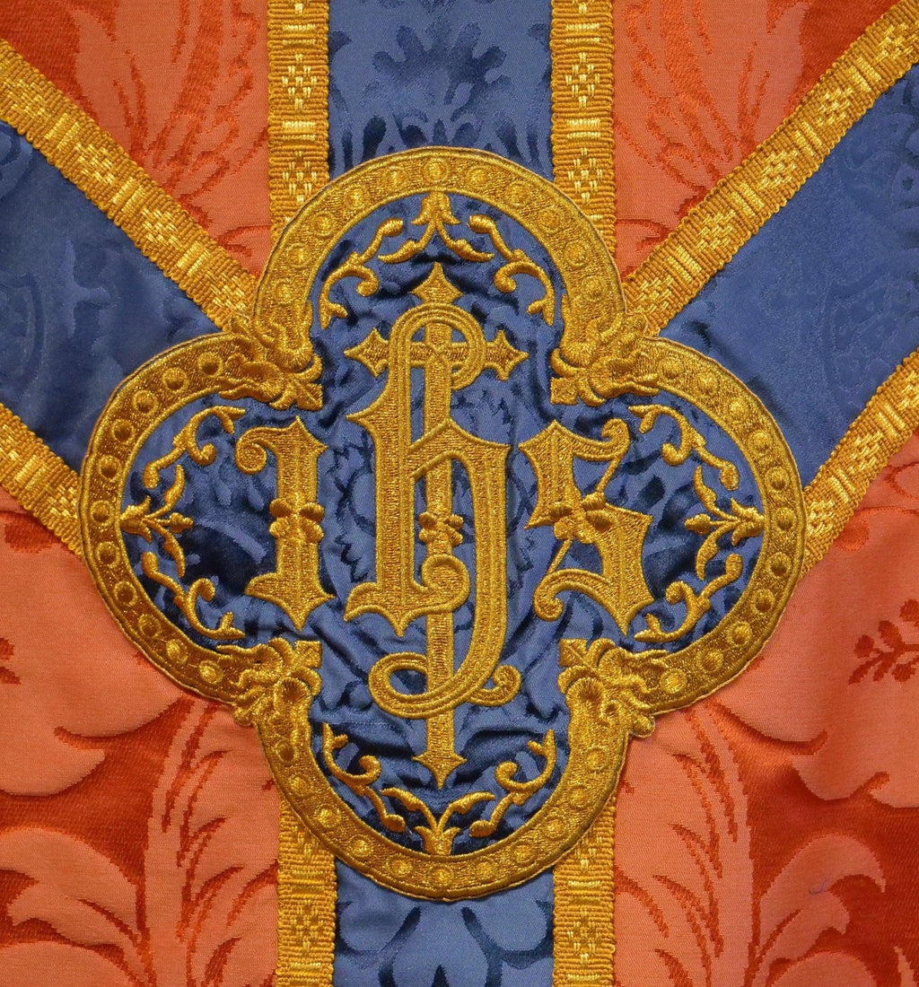 Semi-Gothic Chasuble in Rose 'Sudbury' with Blue 'Comper Cathedral' Orphreys and Embroideries - Watts & Co.