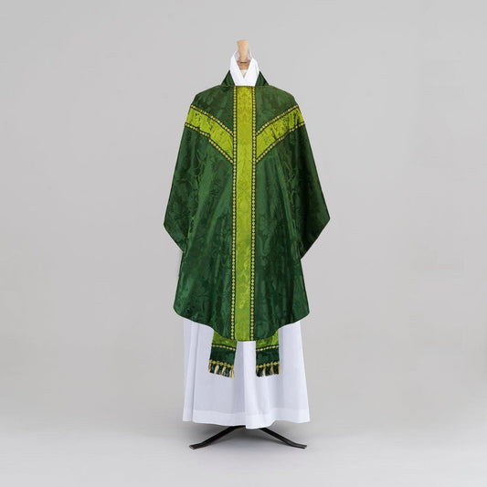 Semi-Gothic Chasuble & Stole in Green 'Bellini' Silk with orphreys of Green 'Gothic' - Watts & Co.