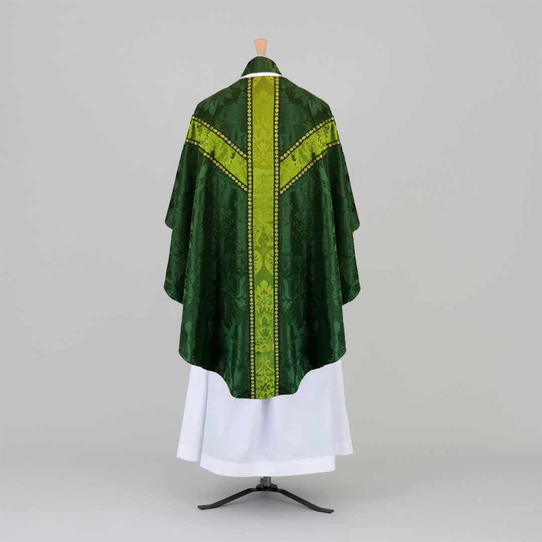Semi-Gothic Chasuble & Stole in Green 'Bellini' Silk with orphreys of Green 'Gothic' - Watts & Co.