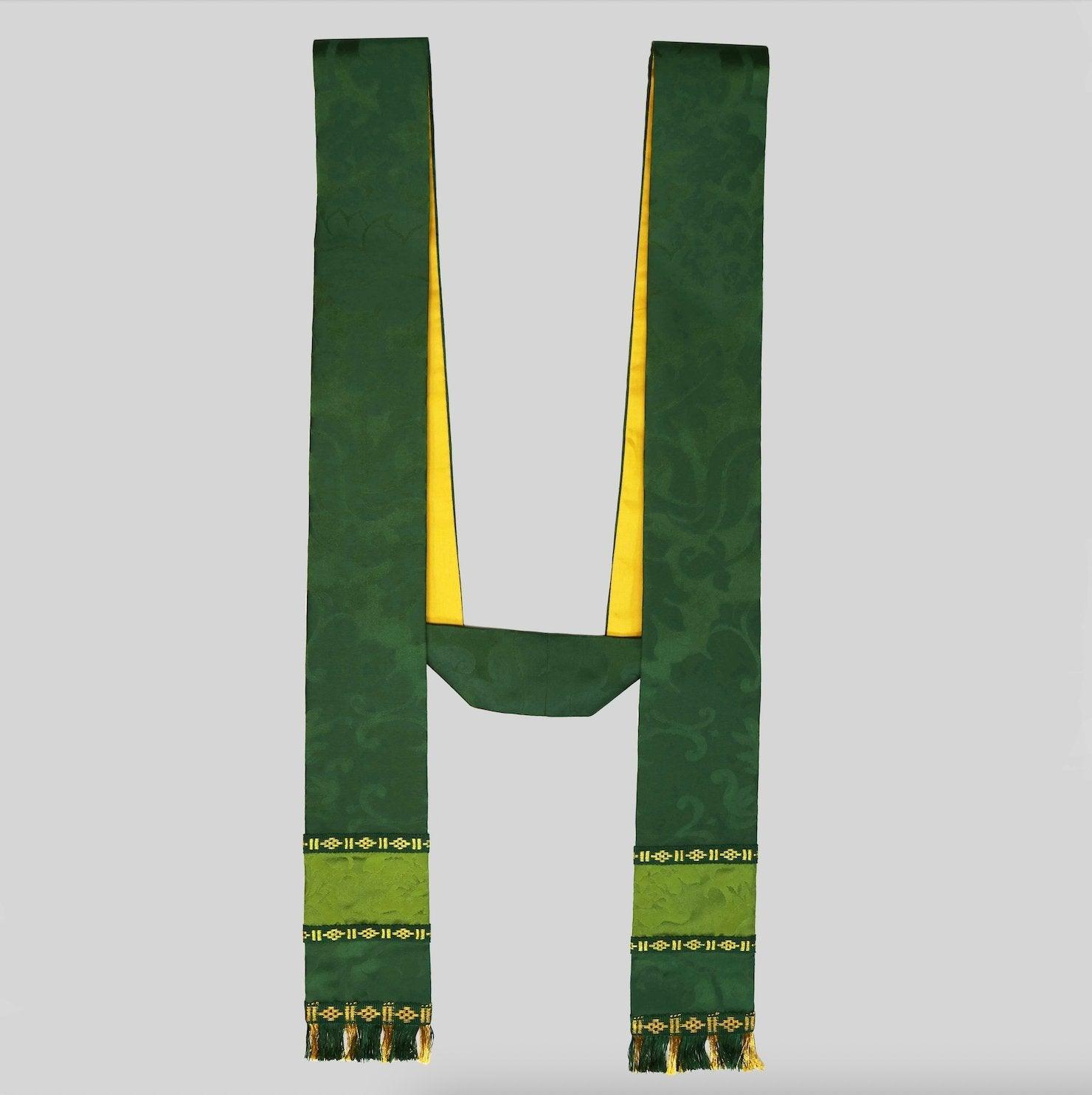 Semi-Gothic Chasuble & Stole in Green 'Bellini' Silk with orphreys of Green 'Gothic' - Watts & Co.