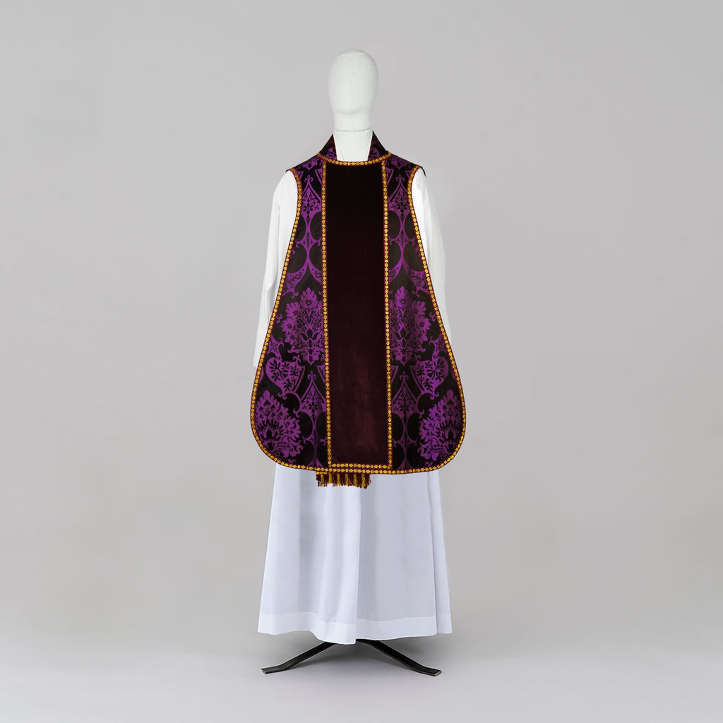 Spanish Chasuble in Black/Royal Purple 'Gothic' with Purple Velvet Orphreys - Watts & Co.