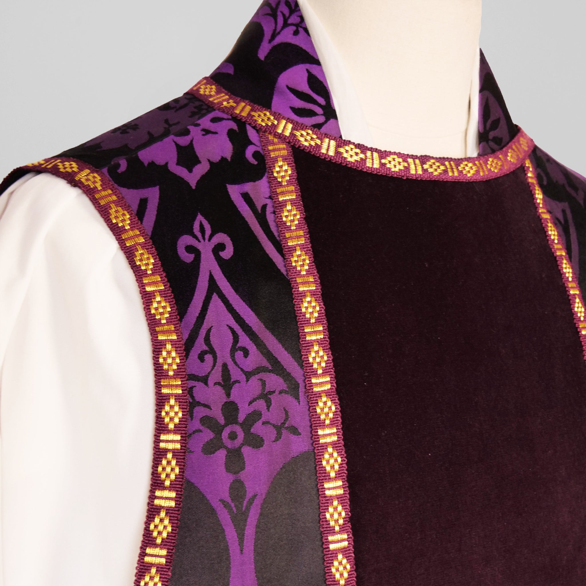 Spanish Chasuble in Black/Royal Purple 'Gothic' with Purple Velvet Orphreys - Watts & Co.