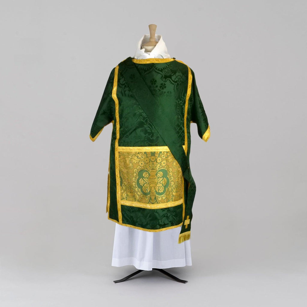 Spanish High Mass Set in Green 'Comper Cathedral' with Jasper/Old Gold 'Crevelli' Orphreys - Watts & Co.
