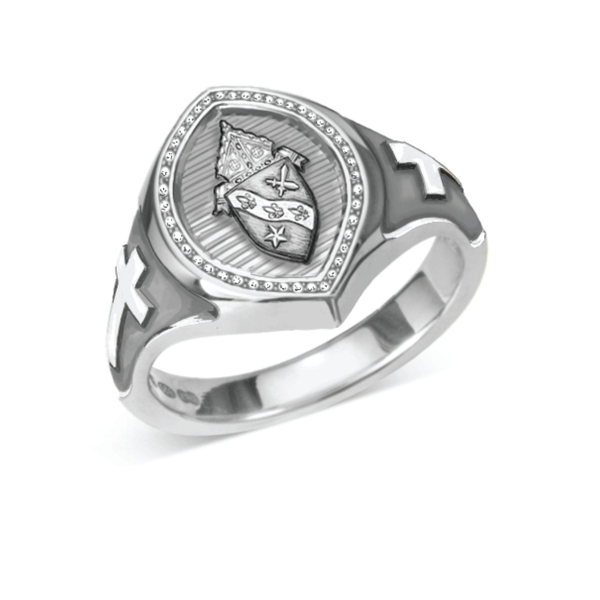 Sterling Silver Custom Engraved Bishop Ring with Crosses and Diamond Border - Watts & Co.