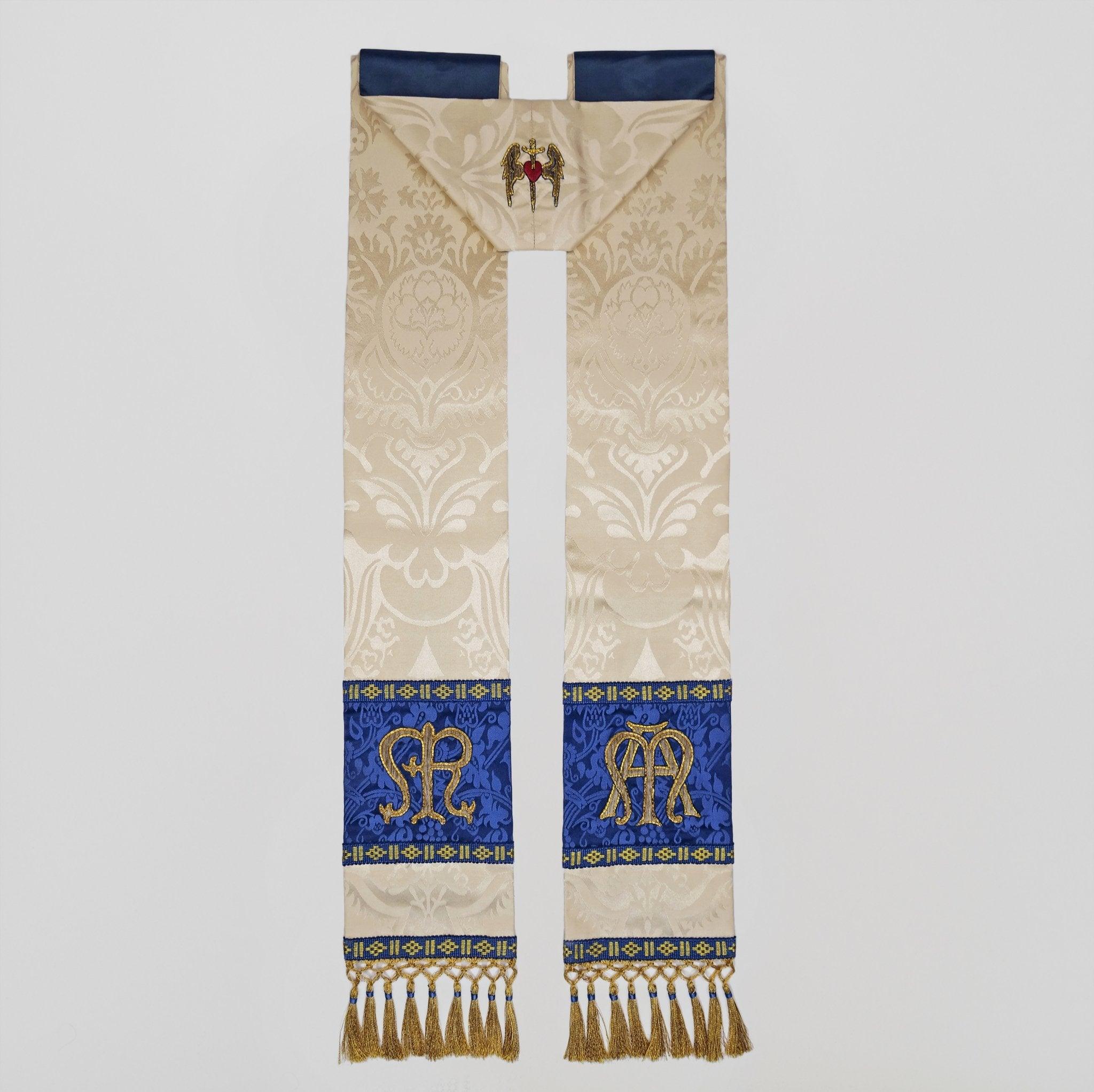 Tufton Stole in Cream 'Comper Cathedral' with Blue 'Hilliard' Orphreys and Hand Embroidery - Watts & Co.