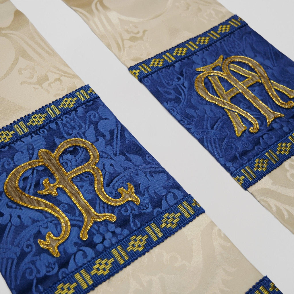 Tufton Stole in Cream 'Comper Cathedral' with Blue 'Hilliard' Orphreys and Hand Embroidery - Watts & Co.