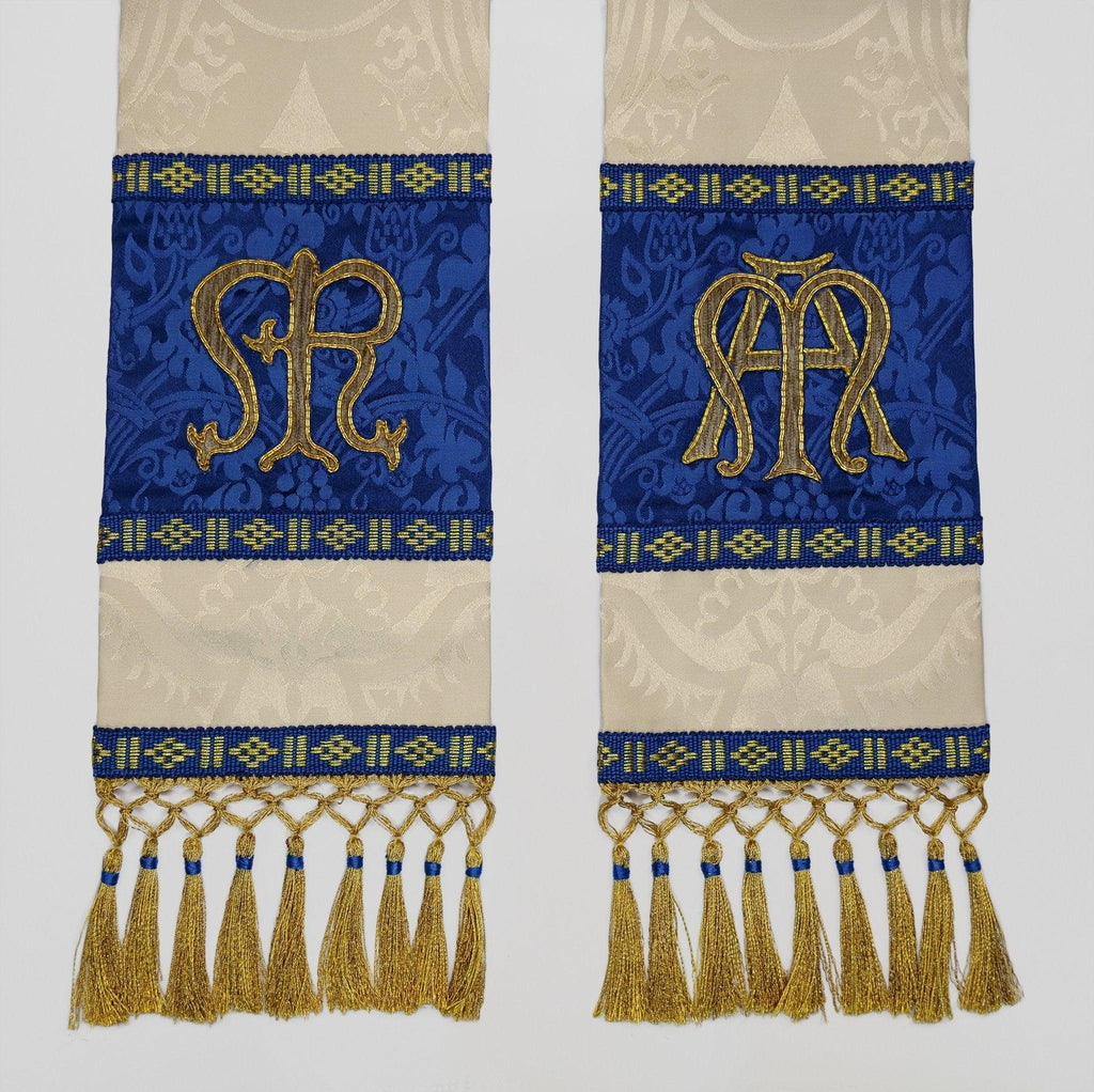 Tufton Stole in Cream 'Comper Cathedral' with Blue 'Hilliard' Orphreys and Hand Embroidery - Watts & Co.