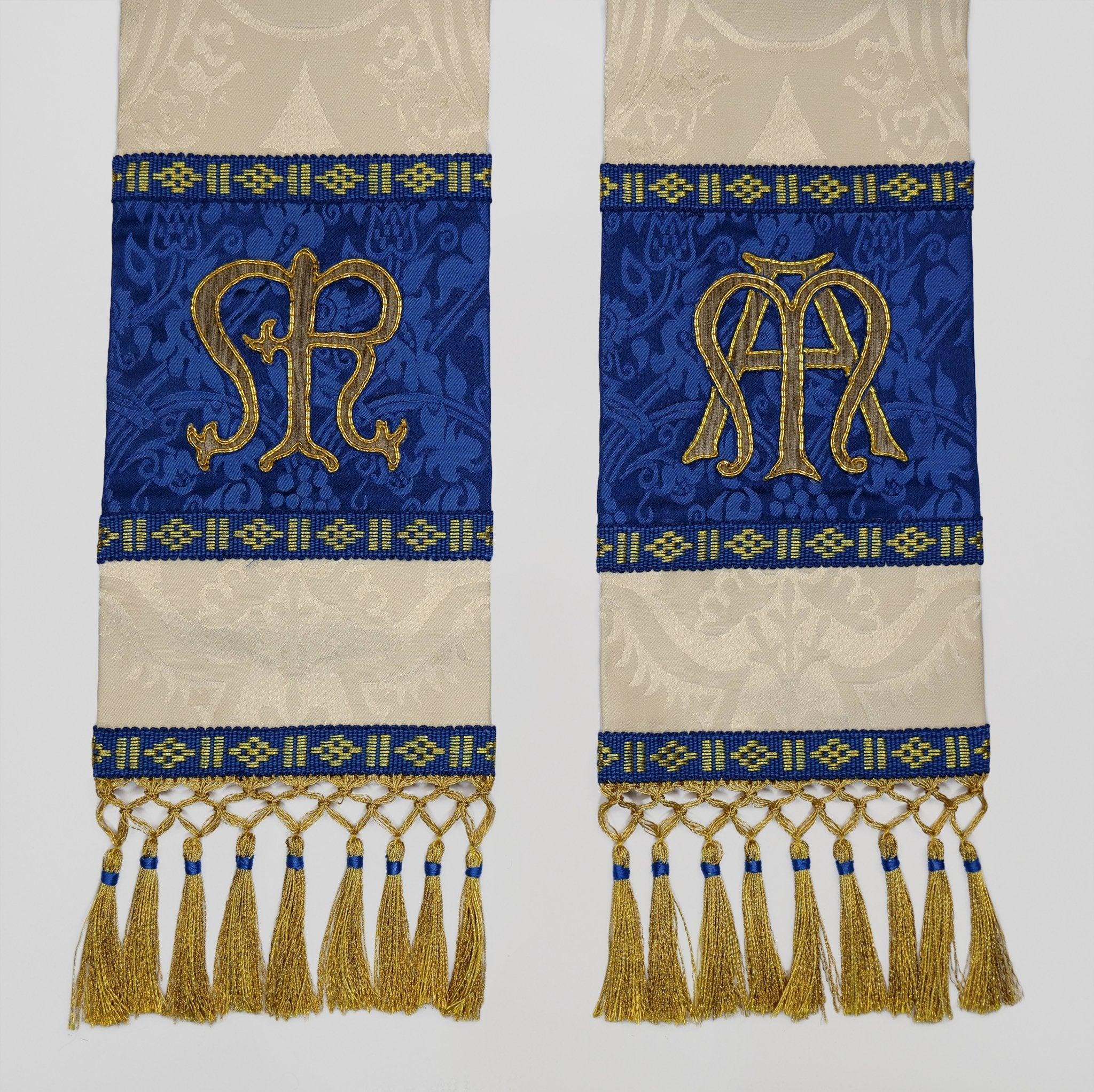 Tufton Stole in Cream 'Comper Cathedral' with Blue 'Hilliard' Orphreys and Hand Embroidery - Watts & Co.