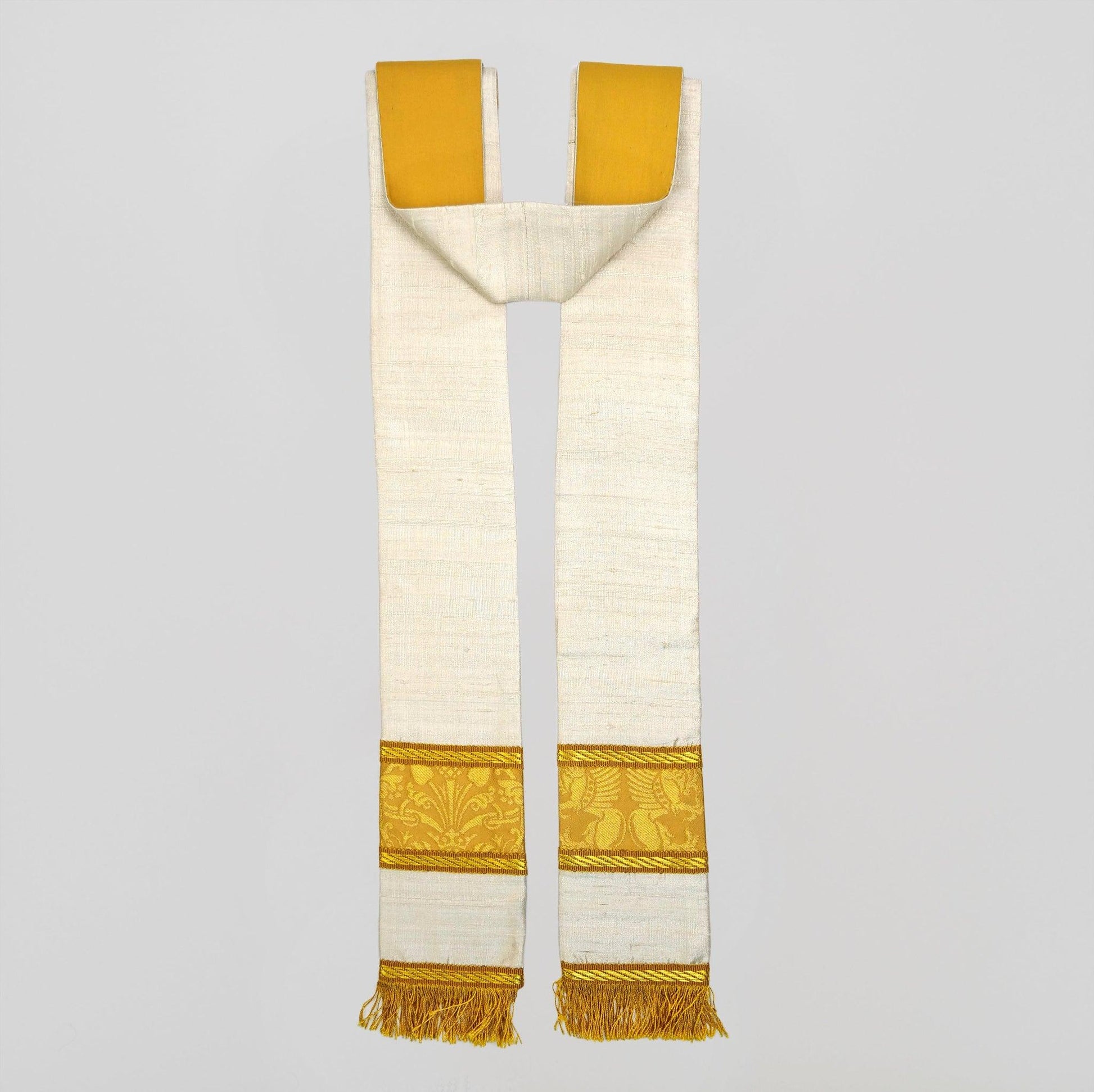 Tufton Stole in White Orissa Silk with Old Gold 'Chalcedon' Orphreys - Watts & Co.