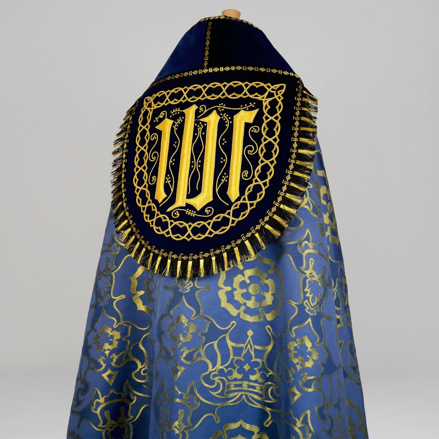 Westminster Cope in Blue 'Coronation' with Embroidered IHS Hood - Watts & Co.