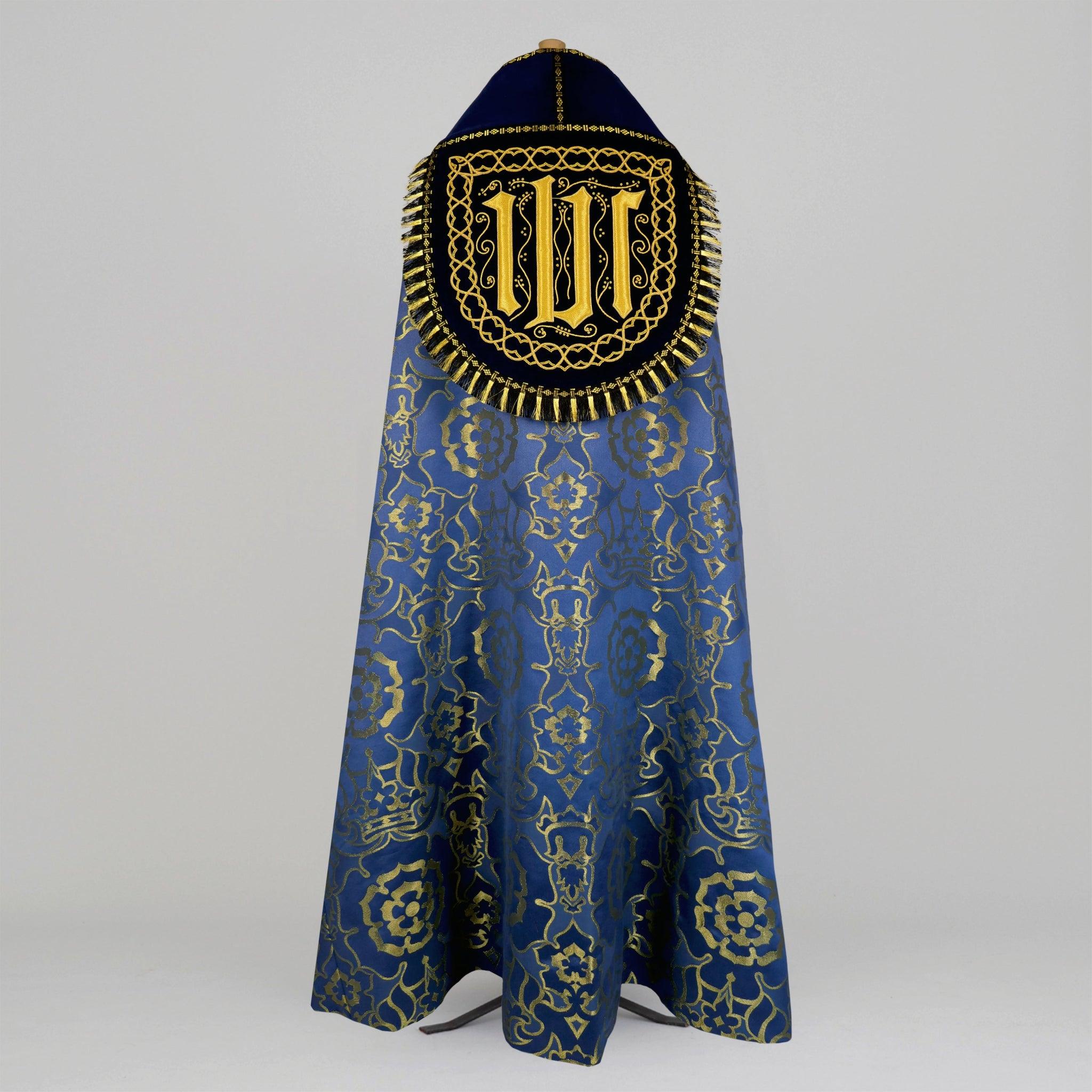 Westminster Cope in Blue 'Coronation' with Embroidered IHS Hood - Watts & Co.