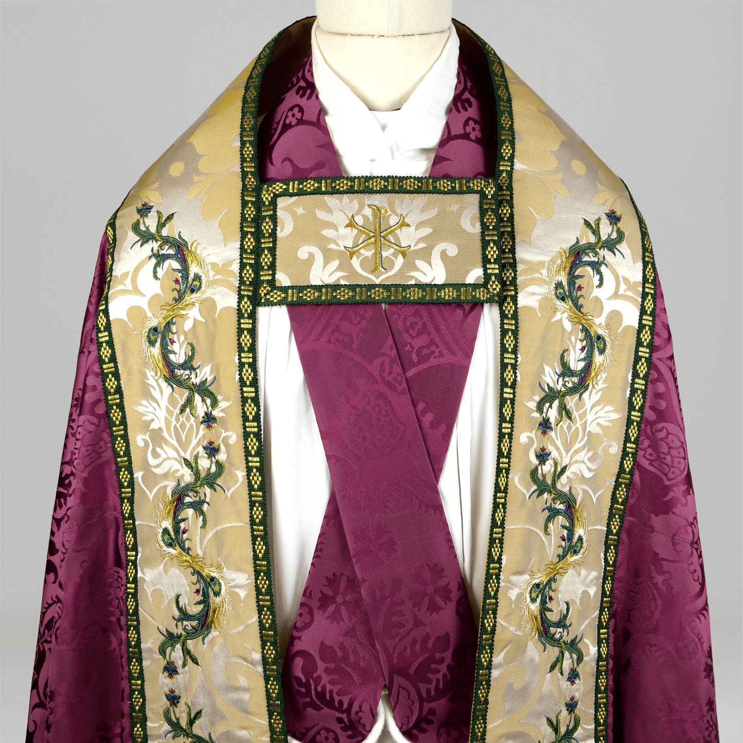 Westminster Cope in Comper Purple 'Comper Cathedral' with Peacock Embroidered Hood and Orphreys - Watts & Co.