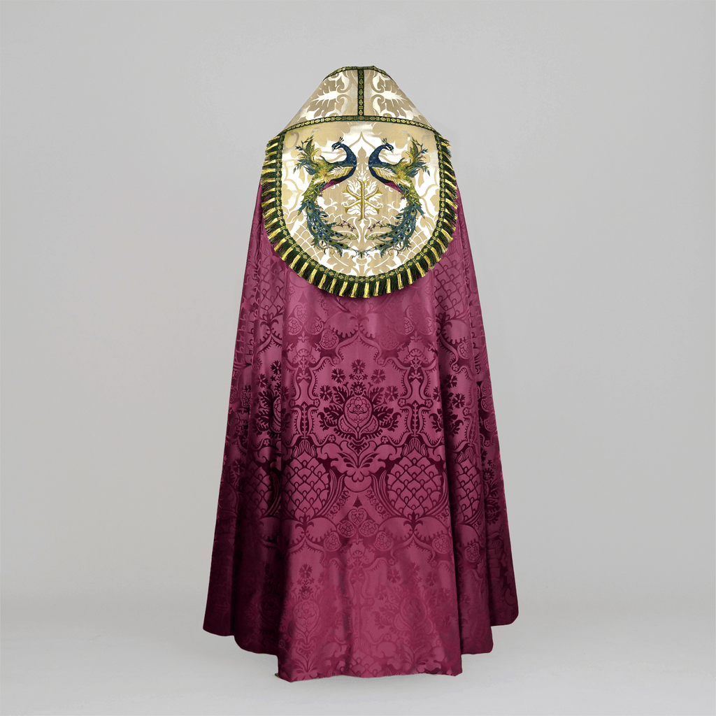 Westminster Cope in Comper Purple 'Comper Cathedral' with Peacock Embroidered Hood and Orphreys - Watts & Co.