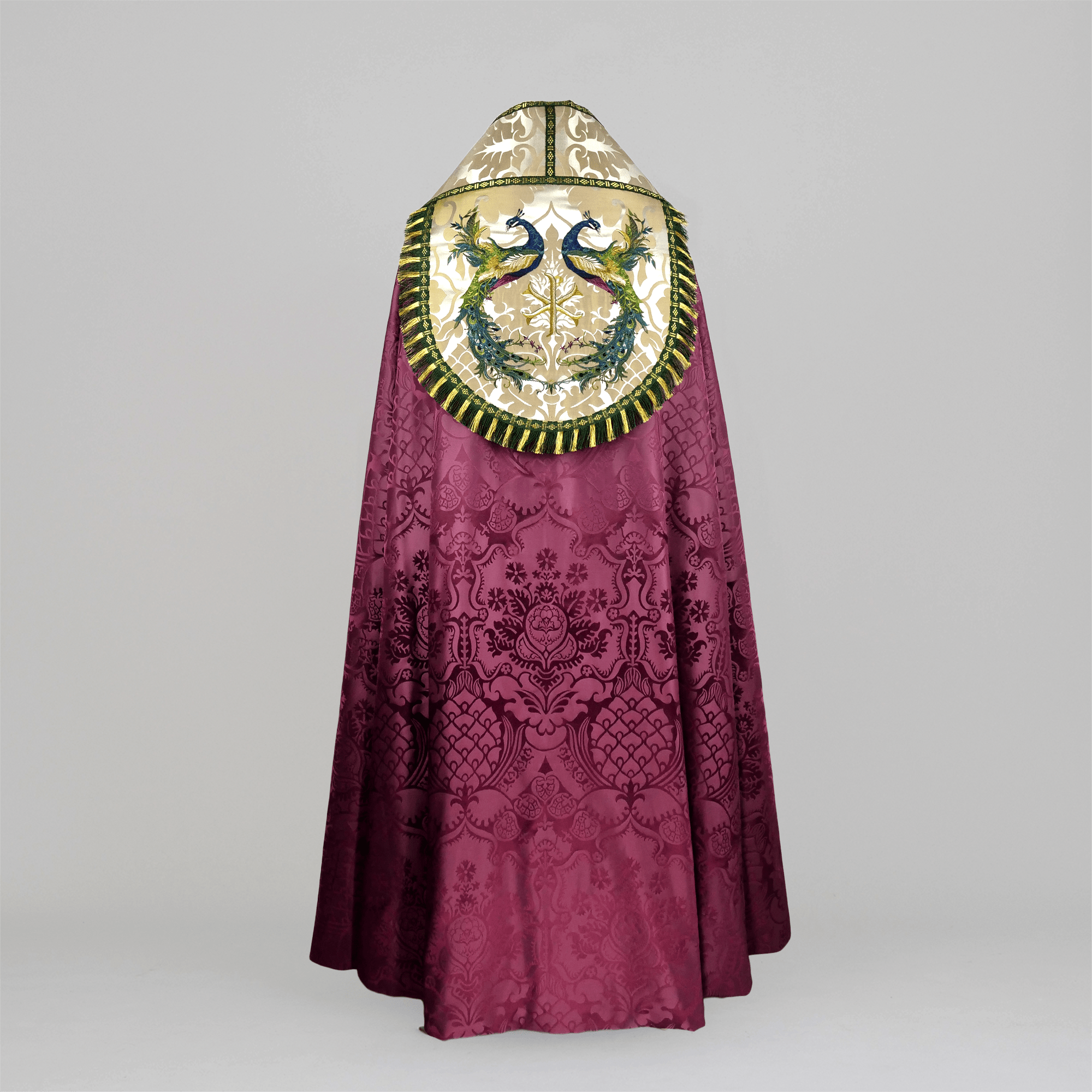 Westminster Cope in Comper Purple 'Comper Cathedral' with Peacock Embroidered Hood and Orphreys - Watts & Co.