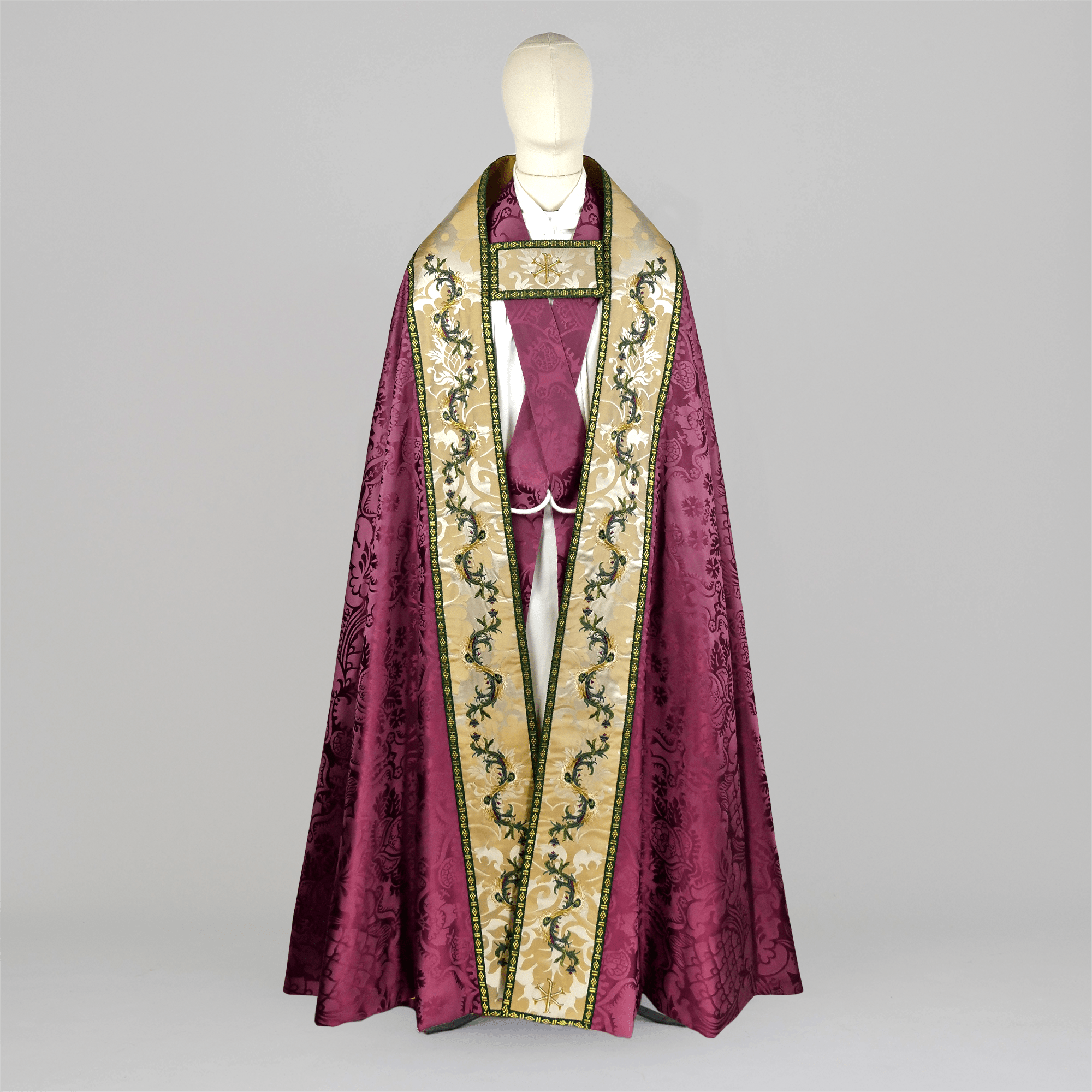 Westminster Cope in Comper Purple 'Comper Cathedral' with Peacock Embroidered Hood and Orphreys - Watts & Co.