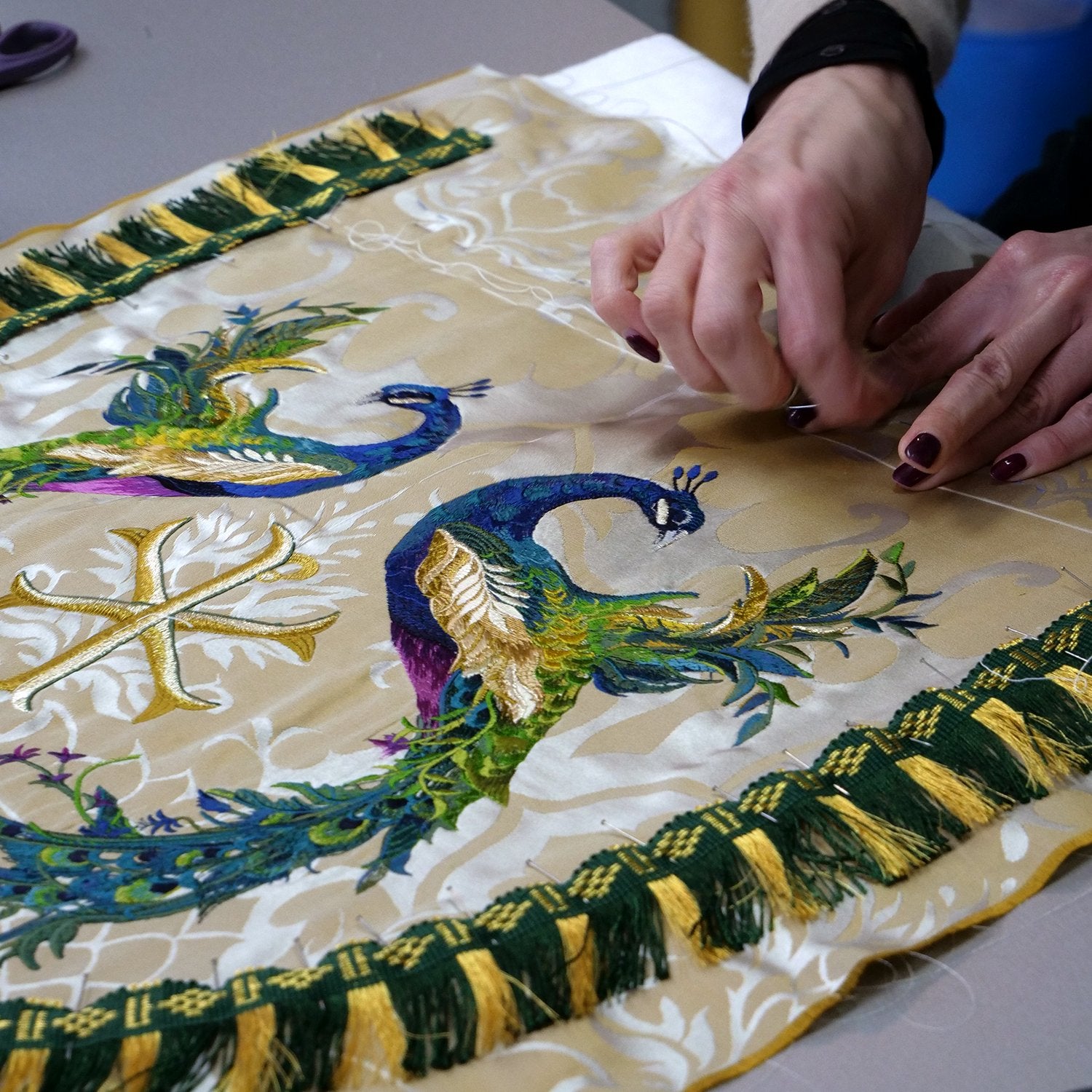 Westminster Cope in Comper Purple 'Comper Cathedral' with Peacock Embroidered Hood and Orphreys - Watts & Co.