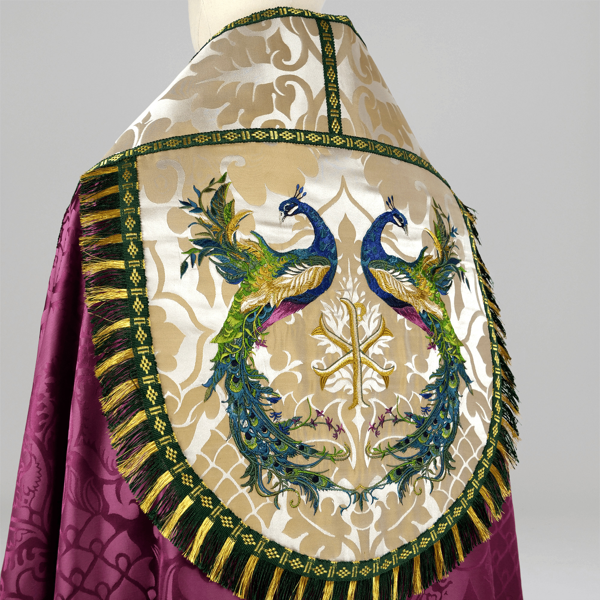 Westminster Cope in Comper Purple 'Comper Cathedral' with Peacock Embroidered Hood and Orphreys - Watts & Co.