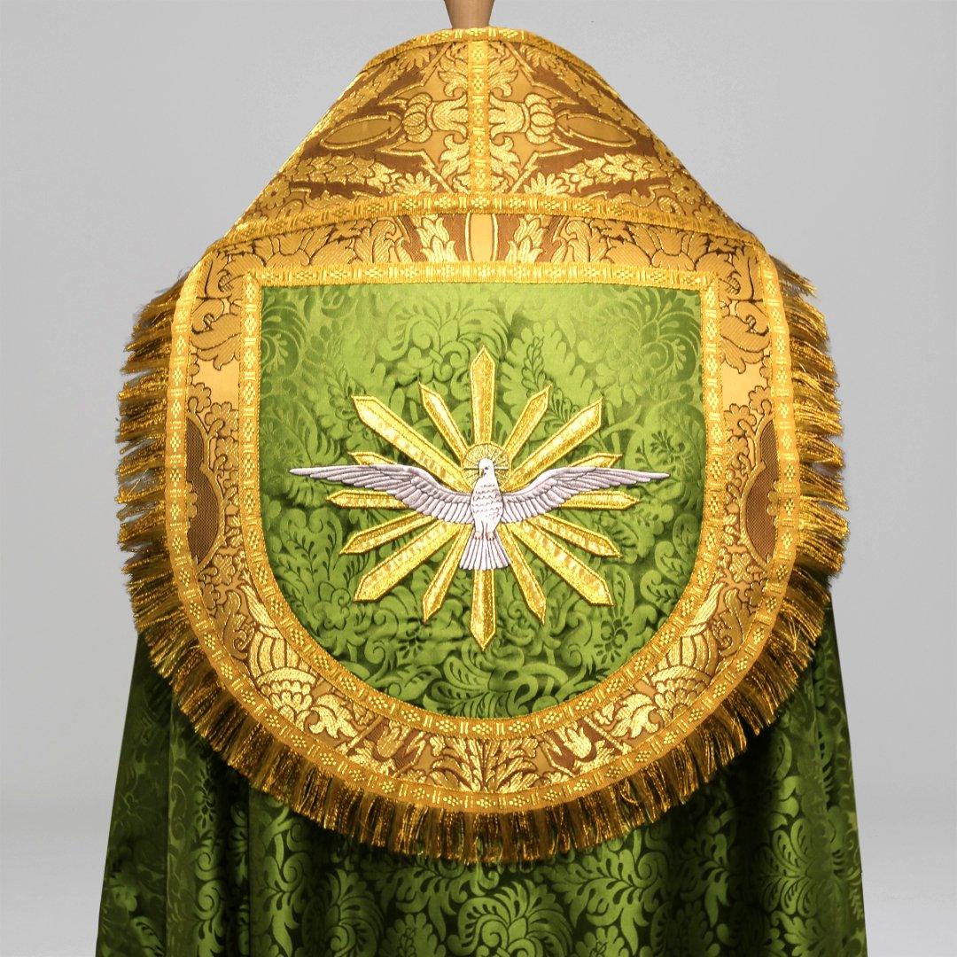 Westminster Cope in Green 'Holbein' with Topaz 'Crevelli' Orphreys and Dove Embroidery - Watts & Co.