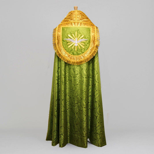 Westminster Cope in Green 'Holbein' with Topaz 'Crevelli' Orphreys and Dove Embroidery - Watts & Co.