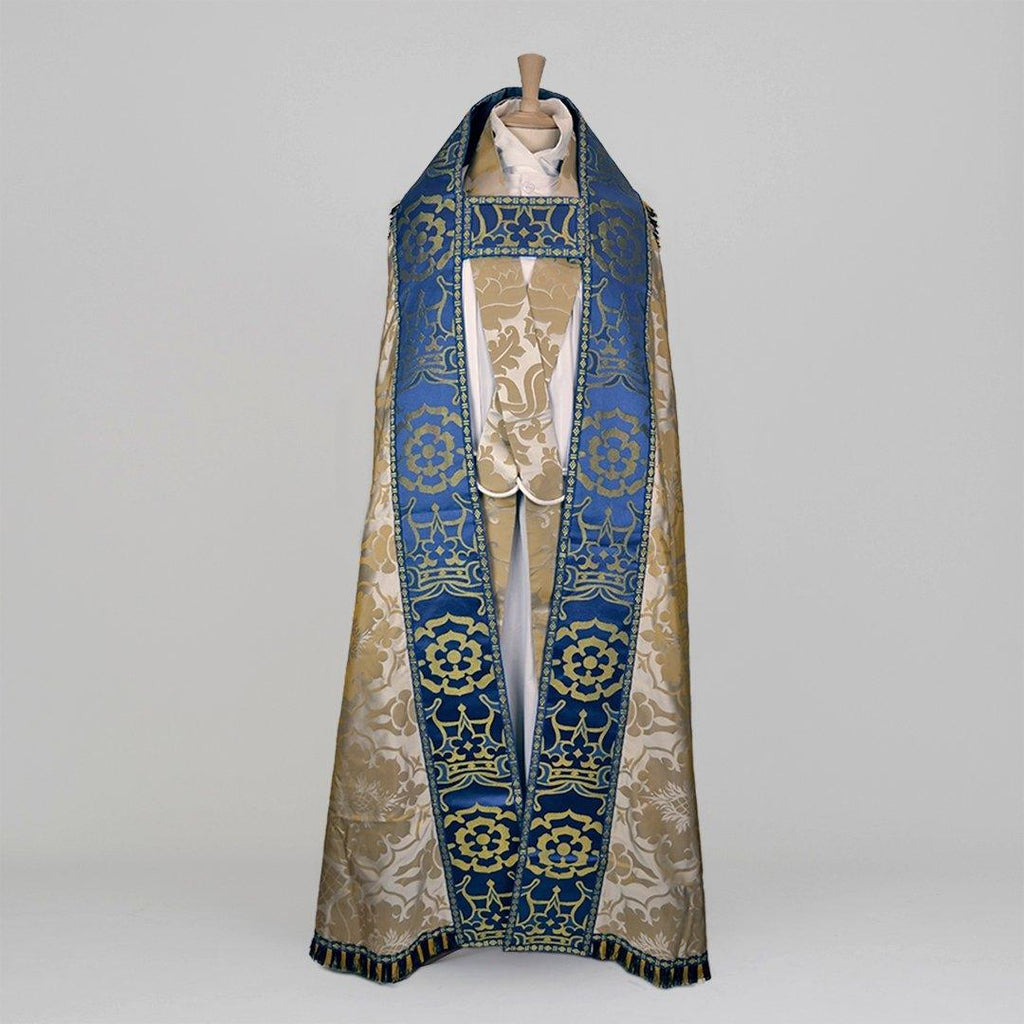 Westminster Cope in Oyster/Old Gold 'Bellini' with Blue 'Coronation' Orphreys - Watts & Co.