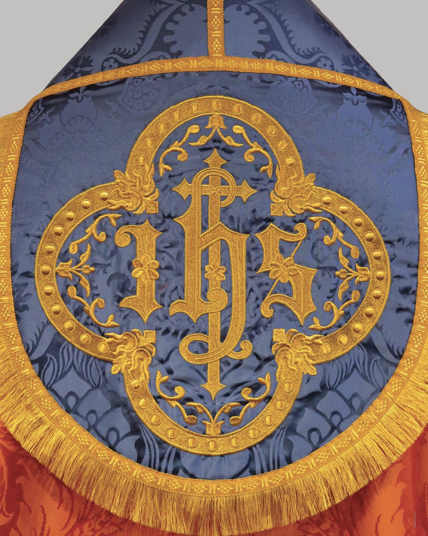 Westminster Cope in Rose 'Sudbury' with Blue 'Comper Cathedral' Orphreys and Embroideries - Watts & Co.